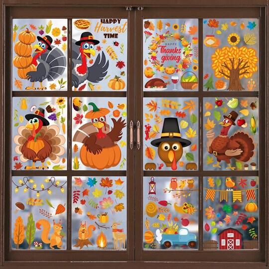 DUILE; 350pc Thanksgiving Window Clings Fall Window Clings Fall Window Decor for Offices Autumn Window Clings Leaves Home School Office Thanksgiving Party Decorations Supplies; Category:Thanksgiving Decor; Image:1